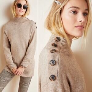 Anthropologie Margarita Tan Mockneck Button Tunic Sweater